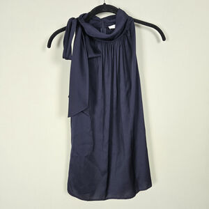 St John Womens Silk Sleeveless Top Petite Blue Stretch Tie Neck Luxury Career